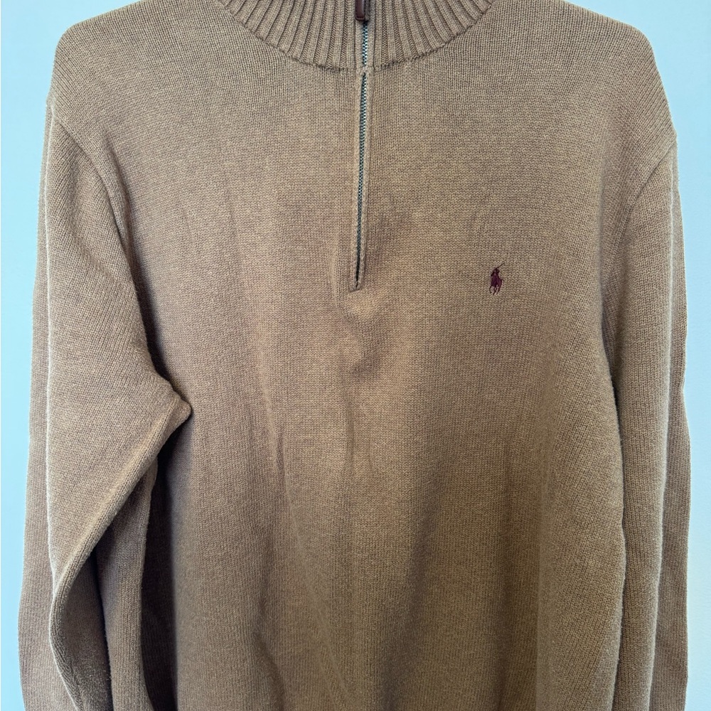 Used, Ralph Lauren Tan Zip Up Sweater with Mock Turtleneck